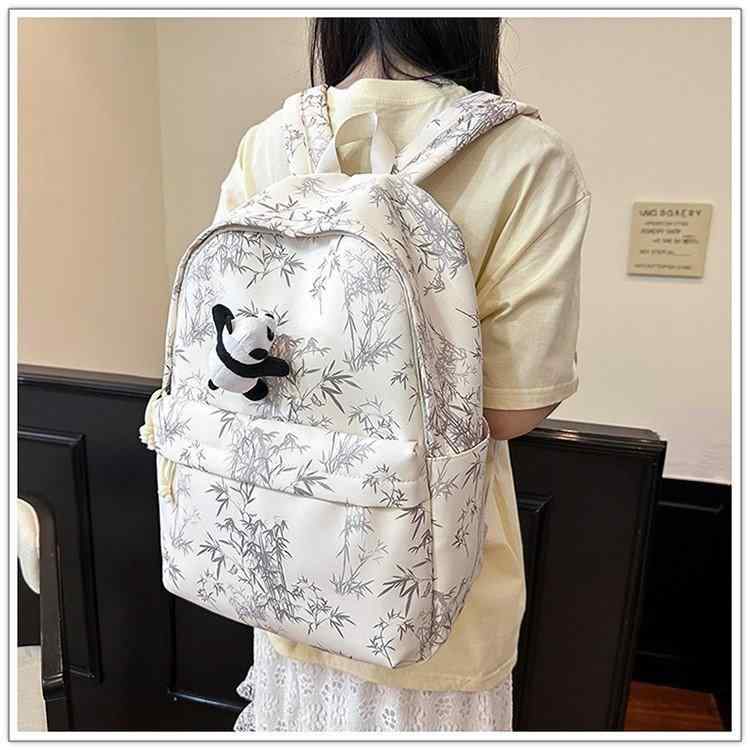 B, P - リュックサック 男女兼用 竹熊柄 ナイロン 大容量 20-35L 拡張可能 14インチ PC収納 学校用 大学生 中高生 街頭潮流 粉色 ブラック グリーン ブルー ベージュ 風景プリント 弧形肩带 2025 夏 軽量 耐久性 通学バッグ 普段使い