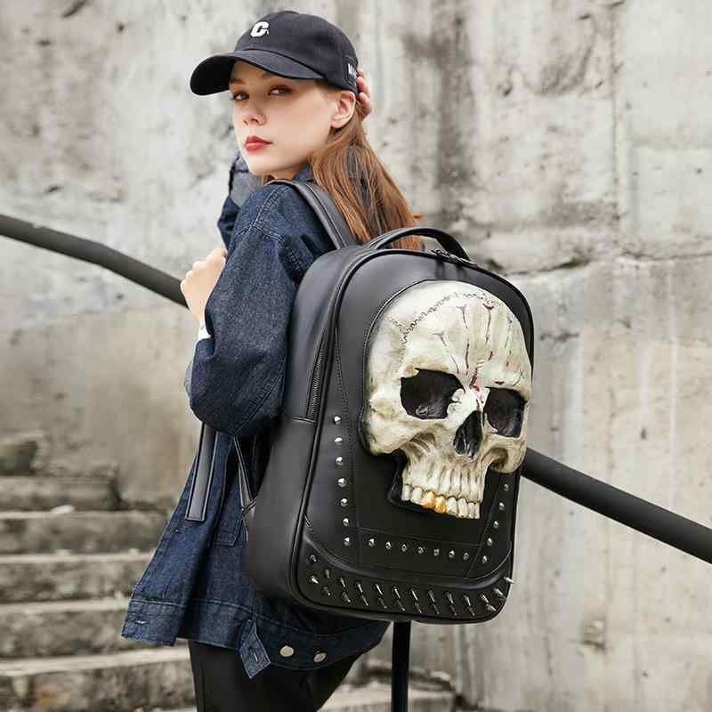 Men'S Bag - バックパック メンズ レディース 3D 立体 骷髅 デザイン 人物柄 ユニセックス リュックサック PU 皮革 防水 耐磨 防盗 抗震 拡張 軽量 ブラック 16インチ ノートPC収納 生理曲線 背負い板 通勤 通学 アウトドア 普段使い 黒 夏 欧米