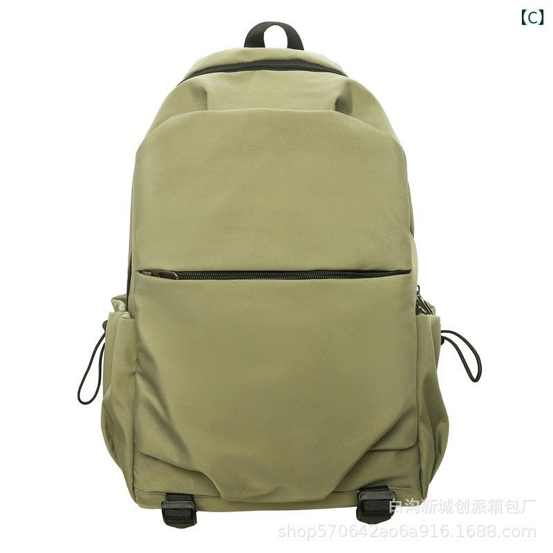 リュックサック 男女兼用 中学生 高校生 大学生 バックパック 韓国風 ファッション 大容量 耐久性 ナイロン素材 都市スタイル シンプル 純色 ブラック 米白色 グリーン カーキ 16インチ ノートPC収納 可能 弧形肩帯 軽量 普段使い 旅行 春夏