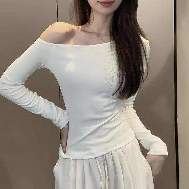Other - T シャツ インナー トップス 女性用 長袖 打底シャツ 斜肩 ワンショルダー 斜め領 修身シルエット コットン 綿 ストレッチ スパンデックス 切り替え 不対称 デザイン 気質 セクシー 秋冬 ブラック グレー ブルー ホワイト 私服 普段使い 吸湿速