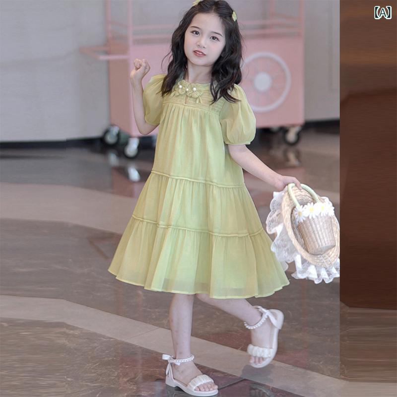 女児 ワンピース 春夏 かわいい プリンセス スカート 女の子 子供服 緑 泡泡袖 網纱 チュール A字 短袖 コットン混紡 ポリエステル 柔らか素材 軽量 3〜8歳 中小児 通学 遊び着 日常使い かわいいスタイル 国風風 洋気 夏向け 接触冷感 吸湿