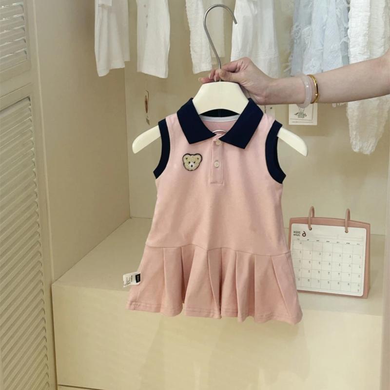 女の子 ワンピース 夏 春夏 学院風 ポロ襟 無袖 背心 プリーツスカート 綿 柔軟 かわいい 動物柄 ピンク グレー 軽量 吸湿速乾 通気性 プリンセスライン 西装風 子供服 3〜8歳