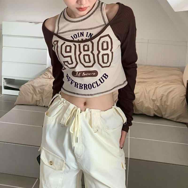 Rakuten - Tシャツ レディース 春夏 丸首 字母プリント 肩出し 長袖 偽ツーピース 切り替え ポリエステル スパンデックス 伸縮性 快適 ストリート スタイル 普段使い ブルー カーキ 普通丈 ゆったり フィット 吸湿速乾 軽量