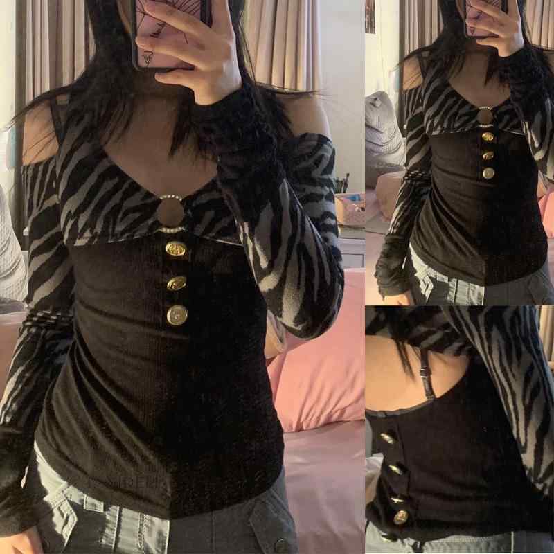Tシャツ 女性用 長袖 ブラック ストライプ プリント ビーズ 装飾 個性的 ヨーロッパ風 レースアップ 肩出し トップス 修身 シルエット Vネック ドロップショルダー スライブ 袖 綿混紡 ポリエステル コットン 素材 ストリート カジュアル 春 シ