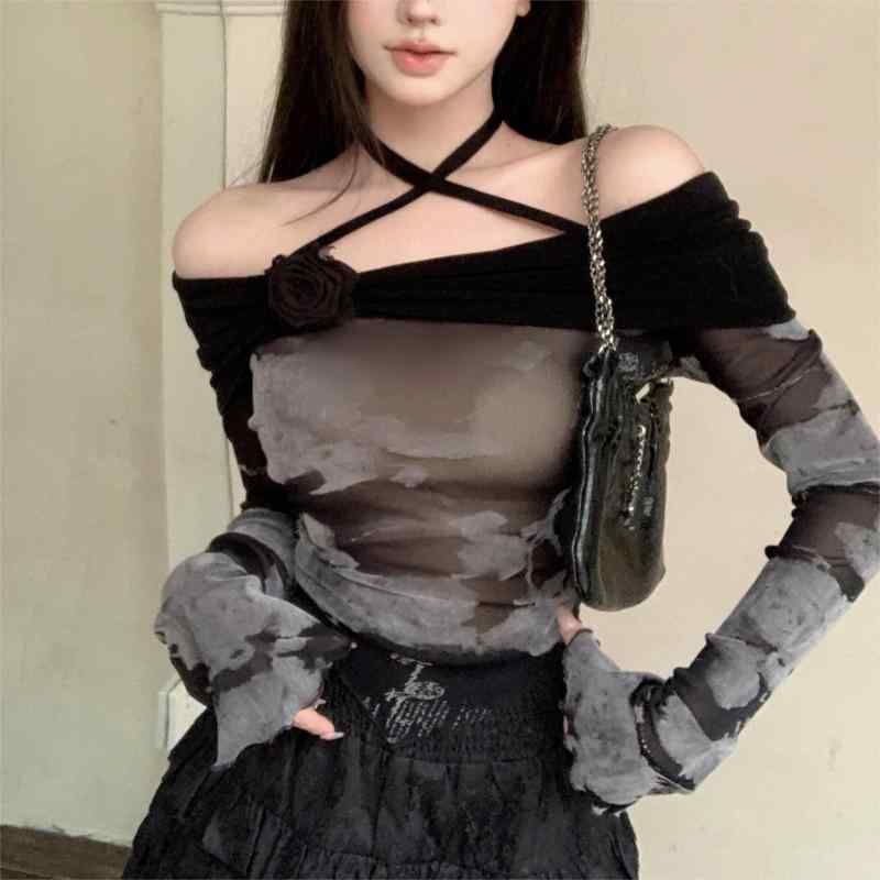 Other - Tシャツ 女性用 秋冬 長袖 肩出し ボートネック 切り替え デザイン 修身 タイト フィット 防晒 トップス ポリエステル 混紡 水墨画 柄 プリント セットインスリーブ ノンアイロン加工 スリムシルエット 普通丈 ブラック 黒 韓国風 かわいい 快適