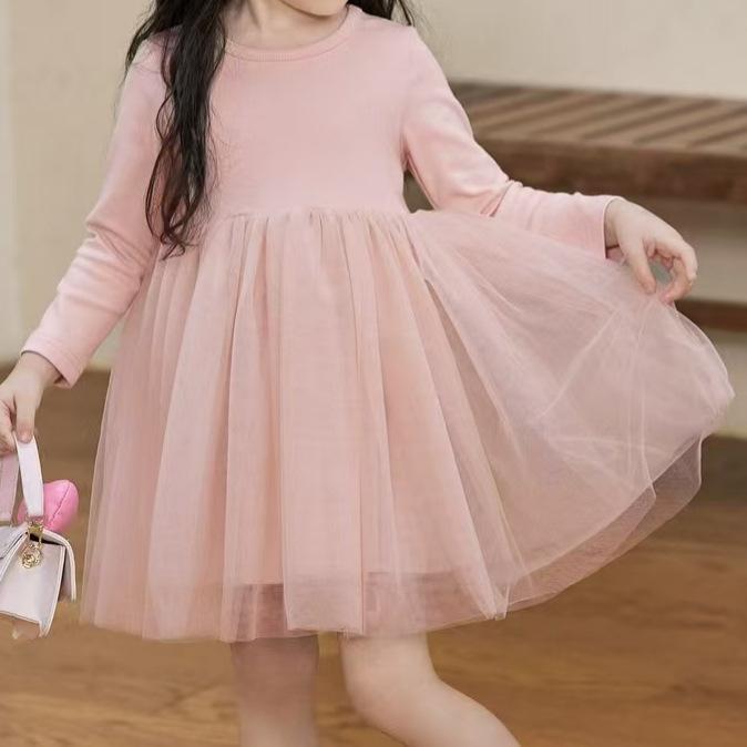 女児 ワンピース 子供服 春夏 長袖 Aライン コットン 柔軟素材 かわいい 甘め ピンク 杏色 グレー 3〜8歳 100〜140cm 普段使い 伸縮性 通園着 女の子 プリンセス風 トレンド 個性派 綿混 軽量 吸湿 純色 ソフトタッチ