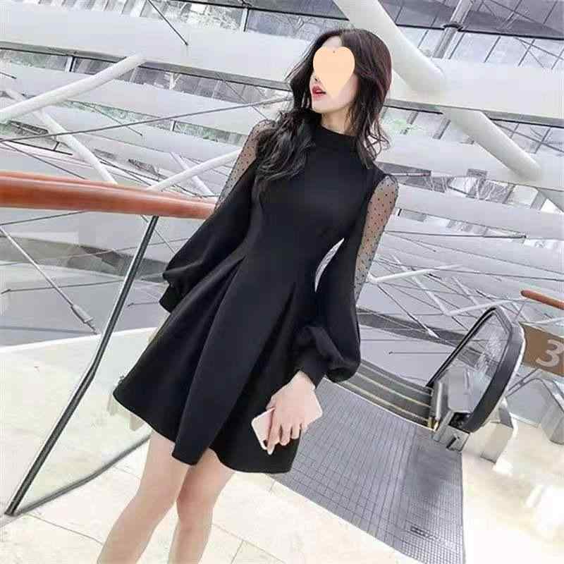 ワンピース レディース 灯笼袖 網纱 長袖 中長丈 斜肩 立領 中腰 仙女スカート 印花 抽象柄 モダール 再生繊維 伸縮性 軽量 切り替え 街頭 潮人 スタイル 赤 黒 ピンク 秋冬