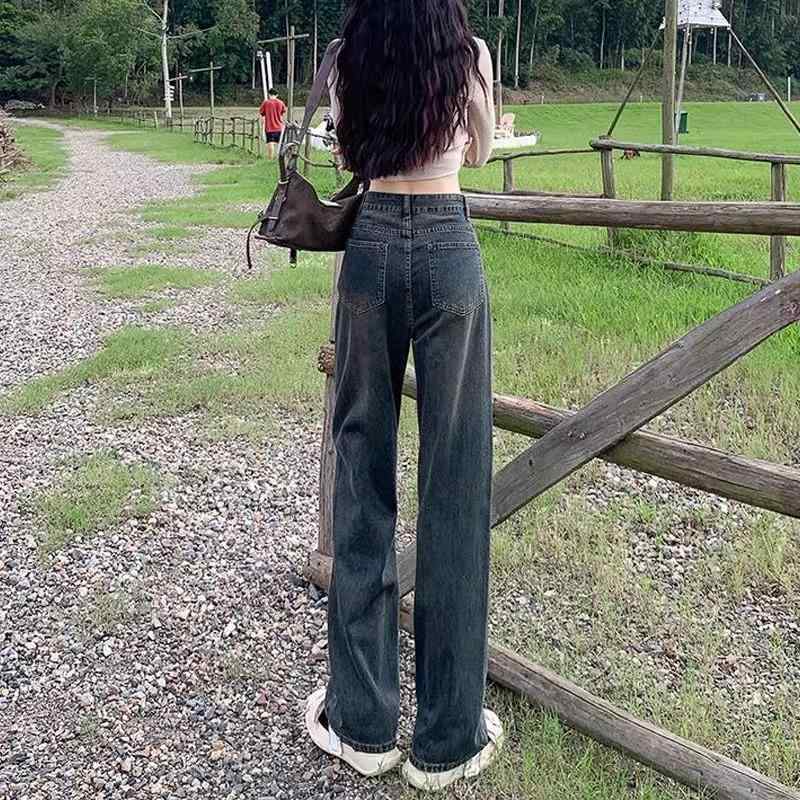 樂天商城 - ワイドパンツ 女性用 春夏 秋冬 コットン デニム 直筒型 高腰 ロング丈 セメントグレー ワイドレッグ ストリートスタイル 普段使い 街頭ファッション 軽量 吸湿速乾 中厚手 ポケット付き ヴィンテージ風 スリム効果 切り替えデザイン ハイウエスト ロ