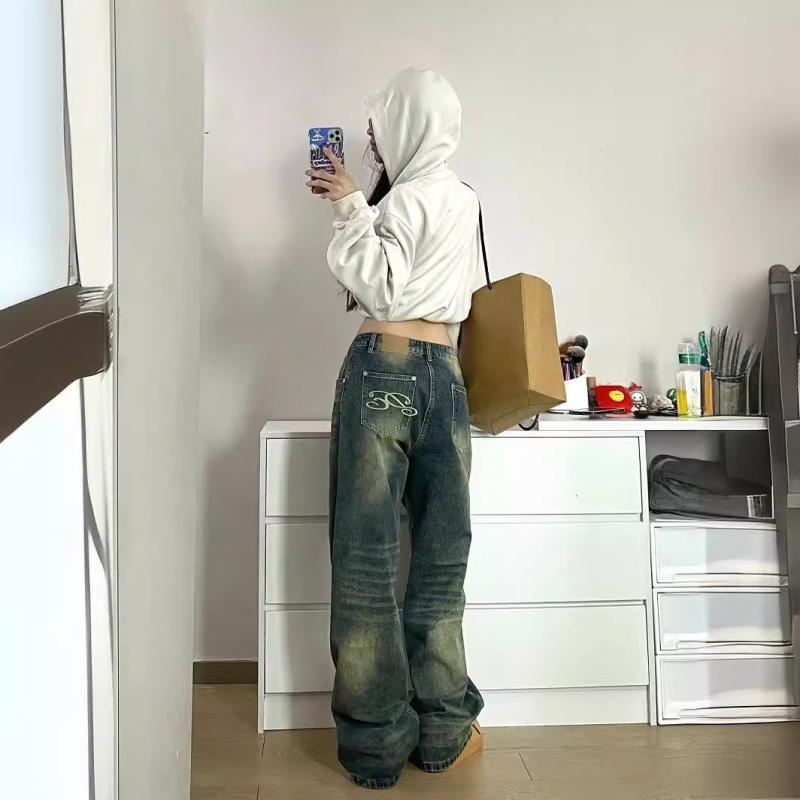 レディース デニムパンツ ハイウエスト ワイドレッグ クロップド ロング ブルー ミディアム厚 微弾性 ポリエステル混 綿混 ヴィンテージ加工 ストリートスタイル 個性派 普段使い 通勤用 軽量 伸縮性 春夏 トレンド ゆったりシルエット