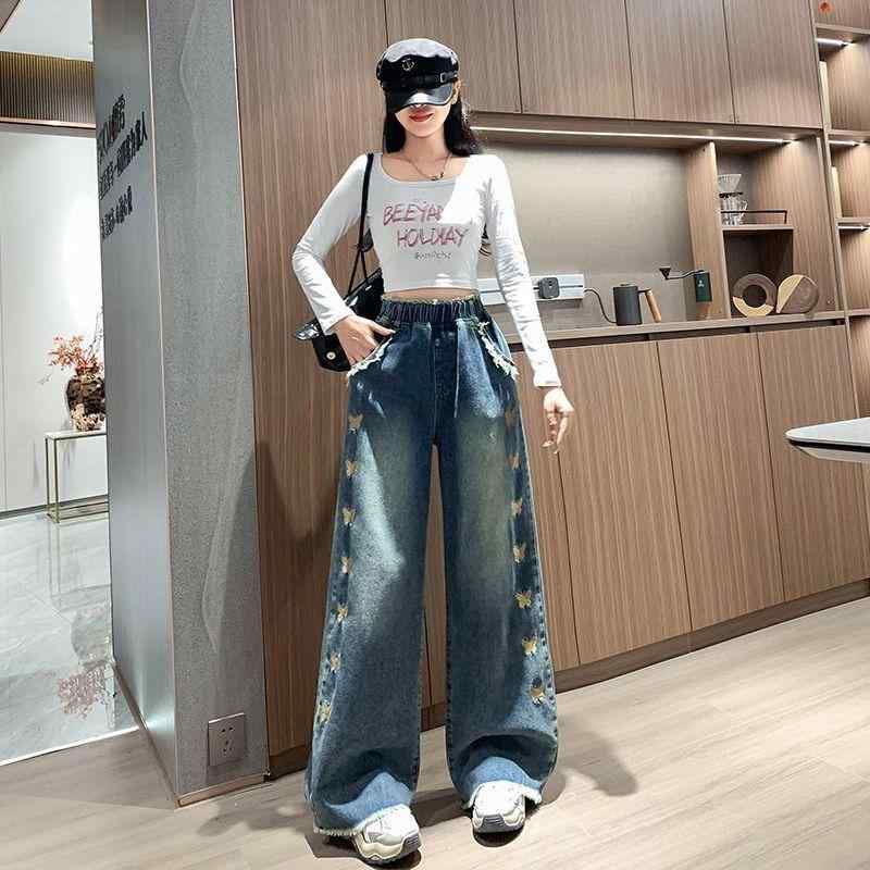 デニムパンツ 女性用 ロング丈 ストレート ワイドレッグ ゆったり 高腰 スリムライン 春秋 学生向け 伸縮性なし 中厚 ブルー デニム生地 ハイウエスト フローラル刺繍 ボヘミアン レトロ 香港風 ゆったりシルエット
