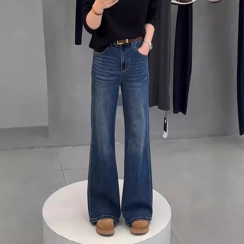 レディース デニムパンツ 秋冬 ハイウエスト 高弾性 ストレート フレア ワイドレッグ ロング丈 木綿 混紡 ミディアム厚 ゆったりシルエット ブルー ブラック かわいい 普段使い 通勤 通学 切り替え ボタン 洗い加工 吸湿速乾 軽量 伸縮性 隠しカバ