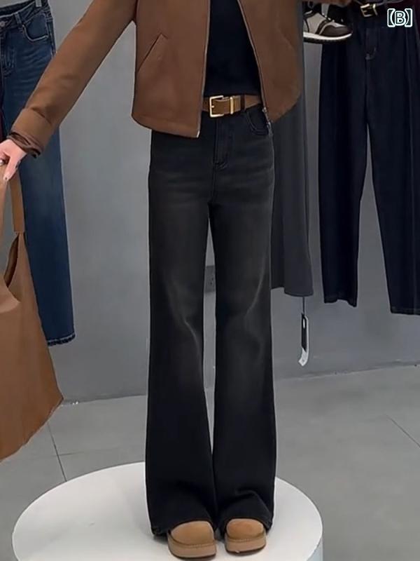 レディース デニムパンツ 秋冬 ハイウエスト 高弾性 ストレート フレア ワイドレッグ ロング丈 木綿 混紡 ミディアム厚 ゆったりシルエット ブルー ブラック かわいい 普段使い 通勤 通学 切り替え ボタン 洗い加工 吸湿速乾 軽量 伸縮性 隠しカバ 3
