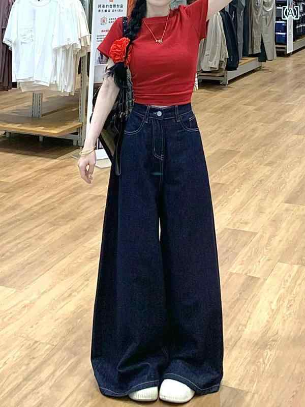 デニムパンツ 女性用 春夏 高腰 ワイドレッグ 直筒 ロング丈 デニムスカート風 ゆったり スリム効果 コーディネートしやすい 綿混 ポリエステル ミッドウェイト ポケット トレンド ストリートスタイル セクシー ノーストレッチ アイロン不要 ディープブ