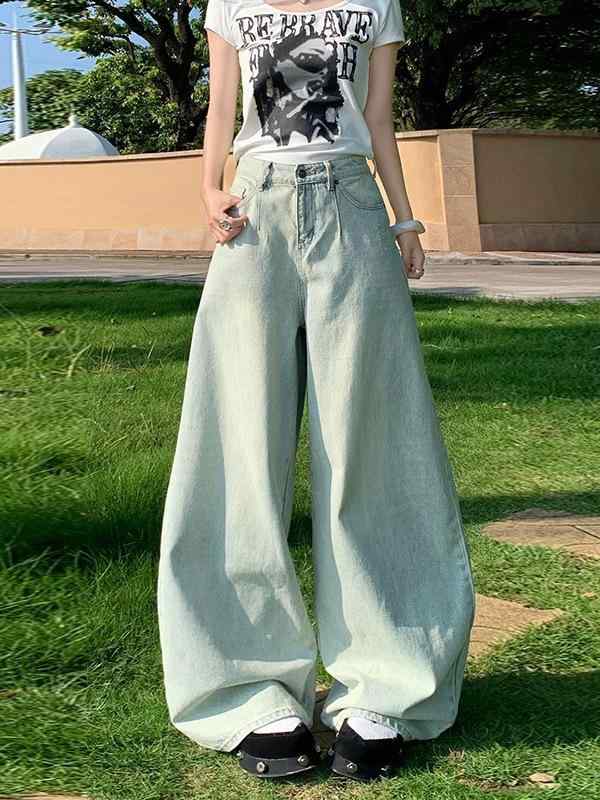 乐天商城 - デニムパンツ 女性用 夏用 薄手 ワイドレッグ コットン ミックス 中腰 長丈 ゆったりシルエット スリム効果 ドロップ感 ライトブルー 微弾性 免烫加工 復古風 ストリートスタイル 普段使い 通勤 通年対応