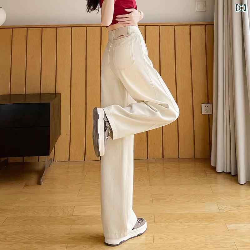 デニム ワイドパンツ 女性用 脚長効果 ハイウエスト ゆったり 春夏 ライトブルー アイボリー 薄手 コットン 無弾性 ロング丈 ミドル丈 ポケット ボタン ジッパー 洗い加工 単色 多ポケット 韓国風 カジュアル 日韓スタイル 普段使い 軽量 通勤対応