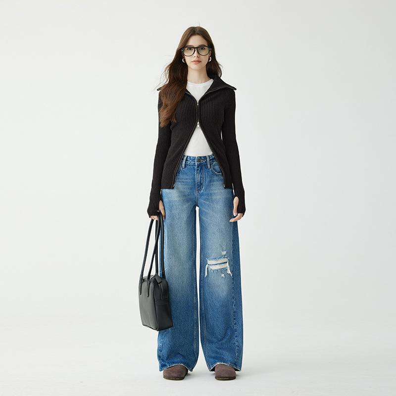 デニムパンツ 女性用 高腰 ワイドレッグ ストレート ロング丈 ミドルライズ コットン素材 気質 通勤 ブルー 春季 ゆったり 遮胯 破洞 ポケット 無弾力 中厚 切り替え デニム ロングパンツ ワイドパンツ 通勤用 カジュアル ゆったりシルエット コッ
