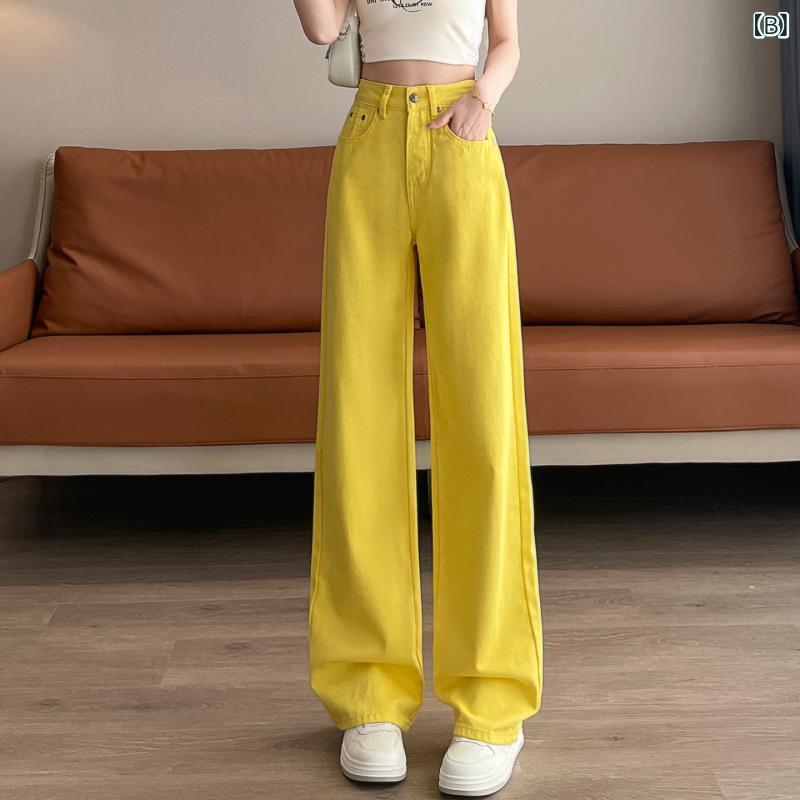 デニムパンツ レディース 高腰 カラフル 綿 再生繊維 ミックス ワイドレッグ ゆったり スリムライン ロング丈 フレア 毛羽立ち ミディアム厚 ポケット 付き 砂洗い加工 爽やか かわいい ガールスタイル 夏 イエロー 普段使い 通勤 軽やか シルエッ 3