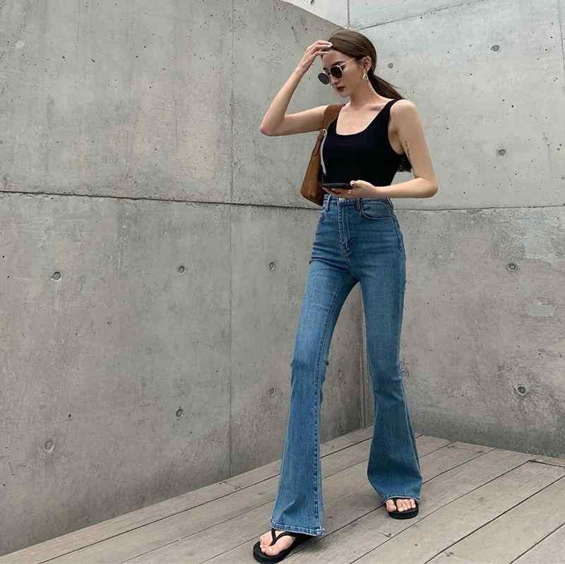 デニムパンツ 女性用 春夏 高腰 微喇形 修身 気質 通勤 ポケット 深ブルー ライトブルー ポリエステル 伸縮性 軽量 長丈 足長効果 スリム クラシック 普段使い