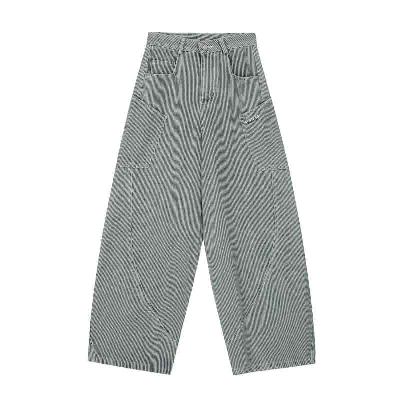 レディース デニムパンツ 牛仔風 ブルーカラー 縦ストライプ ベーシックデザイン ワイドレッグ ロング丈 ミッドライズ ゆったりシルエ..