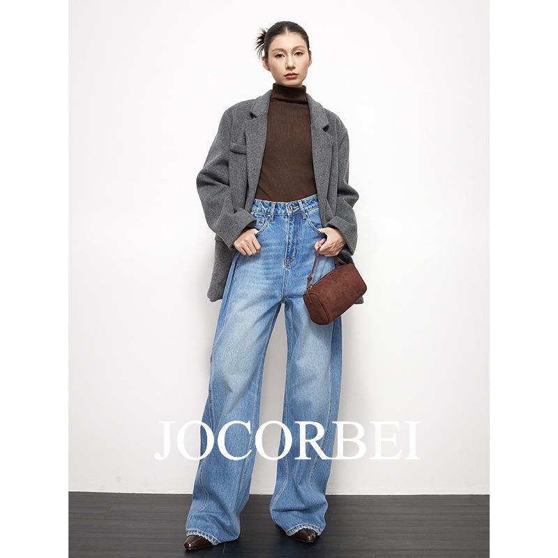 パンツ 女性用 ワイドレッグ デニムパンツ ハイウエスト 長丈 ゆったりシルエット 牛仔風 綿素材 中厚 洗い加工 気質 通勤用 普段使い 無弾性 ブルー 秋冬 スタイル