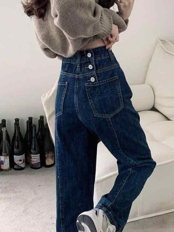 レディース デニムパンツ ハイウエスト 直筒 ワイドレッグ 春秋 秋冬 綿 デニム 素材 微弾性 ミディアム厚 ポケット ディテール ゆったりシルエット スリム効果 長丈 足元隠し 深ブルー 日韓カジュアル 快適 普段使い 通勤 通年