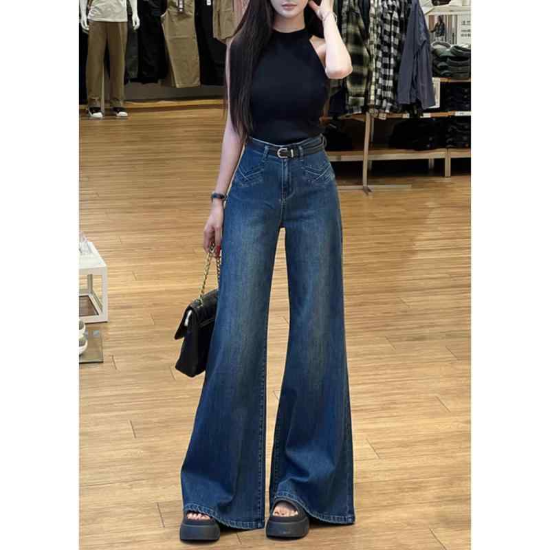 レディース デニムパンツ 深紺 ハイウエスト ワイドレッグ フレア ロング丈 コットン ポリエステル 混合素材 無弾性 切り替えデザイン 街頭スタイル 潮人ファッション 夏 春夏 季節 通勤 普段使い 軽量 伸縮性 低め ビッグシルエット ゆったり 女性