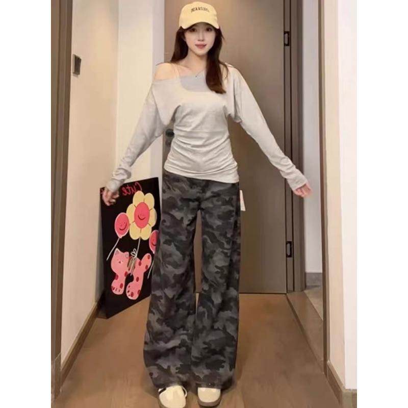 Rakuten - パンツ レディース 夏 デニムパンツ コットン ポリエステル 高腰 ワイドレッグ 直筒 ロング丈 ミリタリー柄 迷彩柄 ヴィンテージ風 薄手 軽量 微弾性 ゆったりシルエット フロントライン 洗い加工 気質 通勤 日常使い 都市スタイル 快適 低身長対応