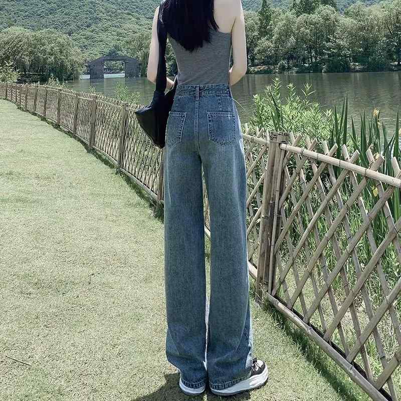 デニムパンツ 女性用 春夏 高腰 直筒 コットン ミックス 微弾性 中厚 ゆったり スリム 効果 小柄 対応 復古 ワイドレッグ ロング 軽量 免烫 処理 快適 日常使い ポケット 付き ライトブルー ダークブルー ブラックグレー 日韓 カジュアル スタ