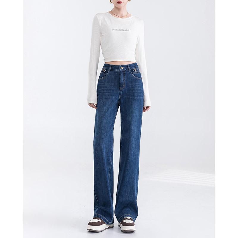 デニムパンツ 女性用 高腰 直筒 ストレートレッグ ワイドレッグ 膝下丈 ロング丈 ブルー コットン ストレッチ 軽量 砂洗い加工 シンプル 快適 普段使い ゆったりシルエット