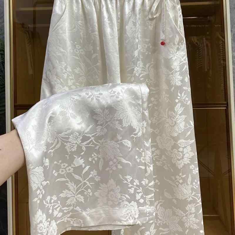 乐天商城 - レディース 春夏 チャイナ風 刺繍 ワイドパンツ ハーレムパンツ 高腰 ドロップシルエット スリム効果 ストレート ロングパンツ 超薄手 ポリエステル 雪纺 素材 気質 通勤 スタイル 都市 ファッション 軽量 ゆったり シルエット 白 黒 カラー 日常
