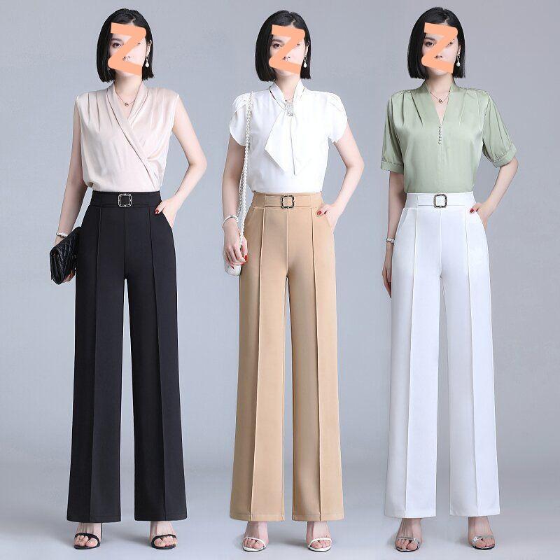 Capri Pants - レディース ワイドパンツ 高腰 九分丈 接触冷感 ポリエステル 薄手 ゆったり ストレート シルエット マルチカラー ブラック ホワイト ベージュ 春夏 軽量 吸湿速乾 普段使い ストレッチ 切り替え デザイン カジュアル 気品 ロングパンツ 通勤 外出