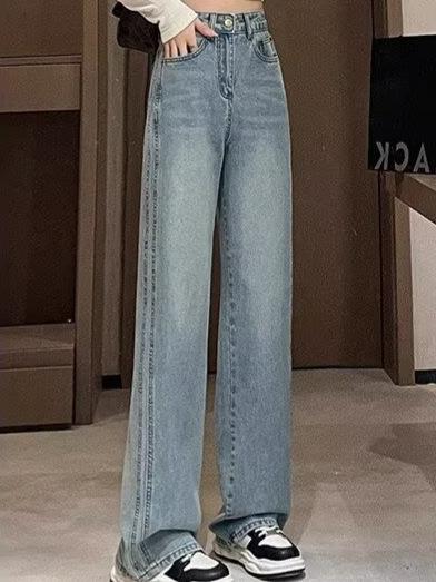 Rakuten - レディース ワイドパンツ 牛仔パンツ 高腰 ワイドレッグ ロング丈 ストレート コットン ポリエステル ミックス 春夏 秋 ストリートスタイル ヴィンテージ風 ブルー ゆったり シルエット 落ち感 スリム効果 合わせやすい 基本デザイン ノンストレッチ