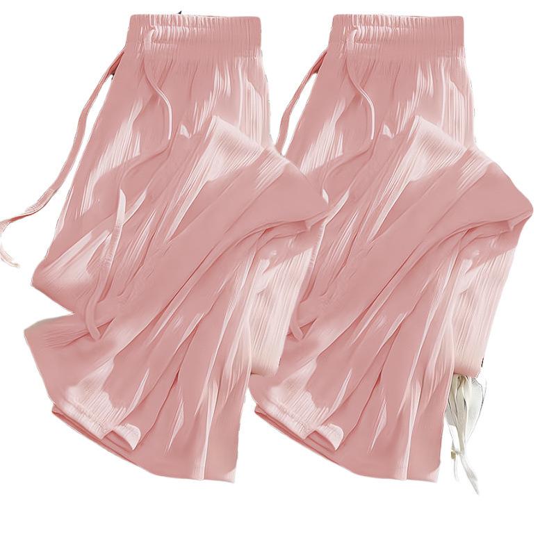 Cropped Pants - レディース ワイドパンツ 接触冷感 高腰 直筒 ロング丈 薄手 ポリエステル 微弾力 ポケット付き 春夏 米白 ピンク ブラック セット 日常使い カジュアル 軽量 吸湿速乾 ゆったりシルエット スタイルアップ