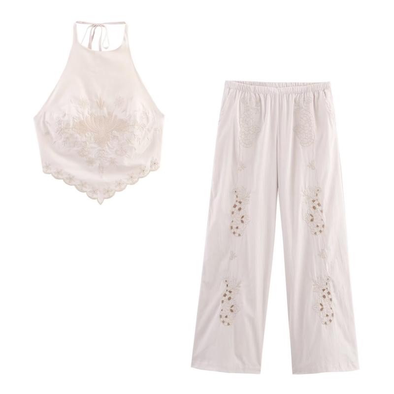 レディース 刺繍 ハングネック トップス セット 長ズボン 無袖 涤纶 ポリエステル 素材 セクシー スタイル 私服 かわいい 刺繍 デザイン 夏 春夏 軽量 通気性 吸湿速乾 セットアップ コーディネート 日常使い カジュアル ファッション