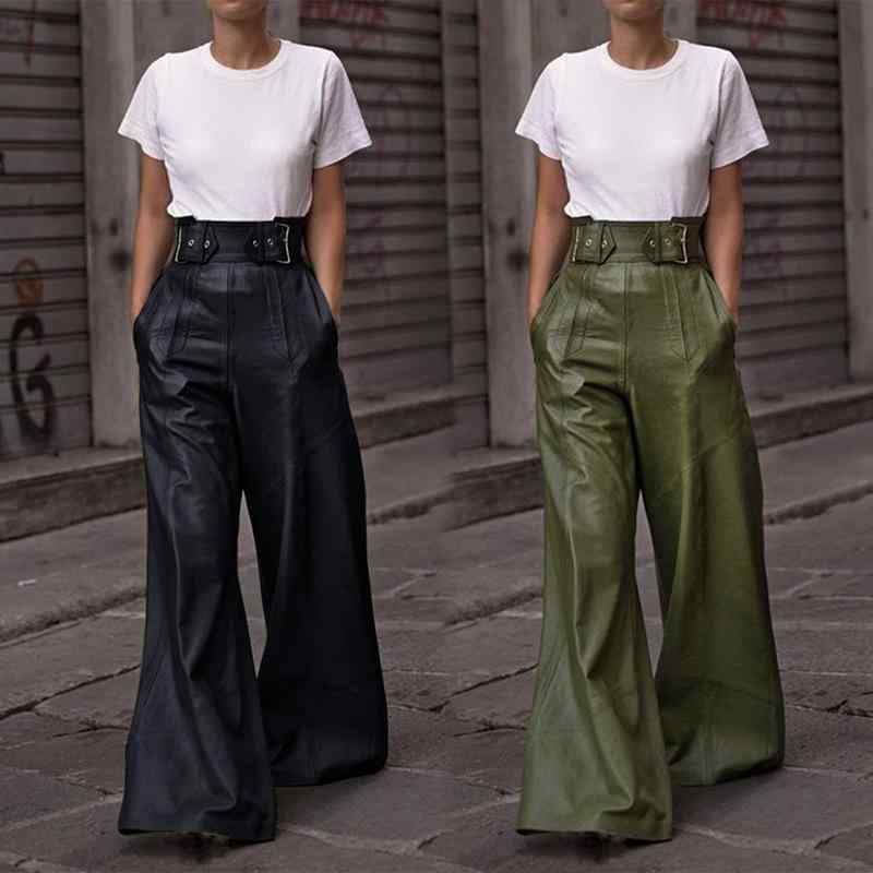 レディース ファッションパンツ 女性用 高腰 直筒型 長ズボン PUレザー 切り替え ブラック 軍緑 ゆるフィット ポケット付き ウエストシ..