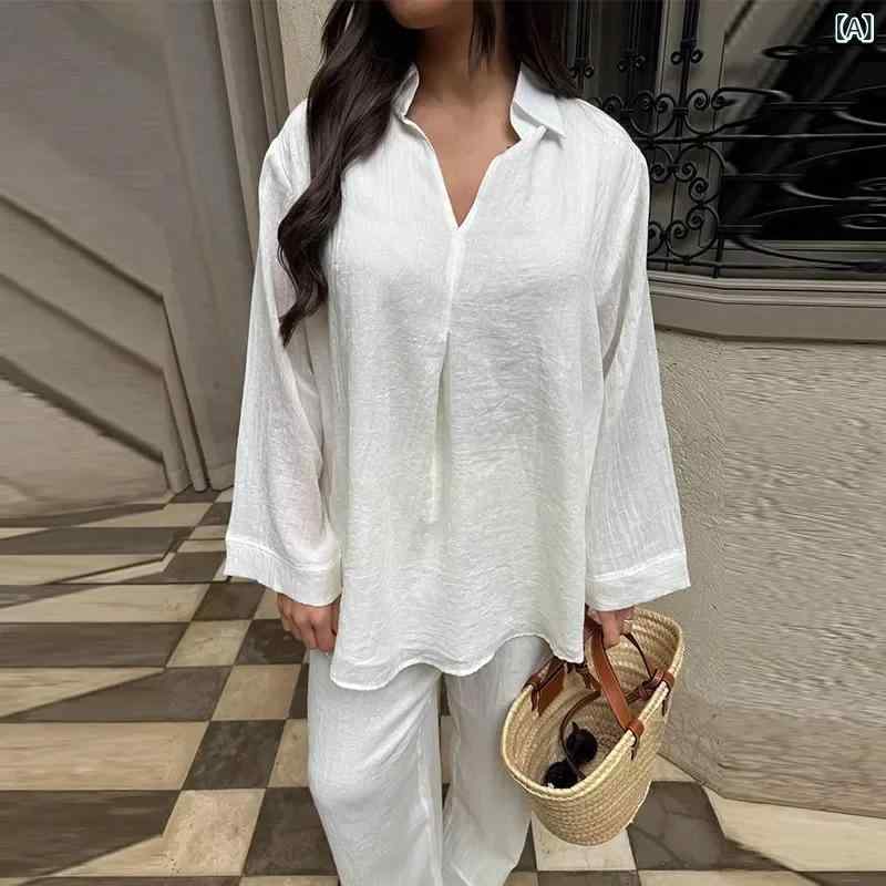 レディース Vネック トップス ロングパンツ セット 綿麻素材 切り替えデザイン ポケット付き 九分袖 純色 通勤風 快適 気質 スタイル 白色 イエロー グリーン S M L サイズ