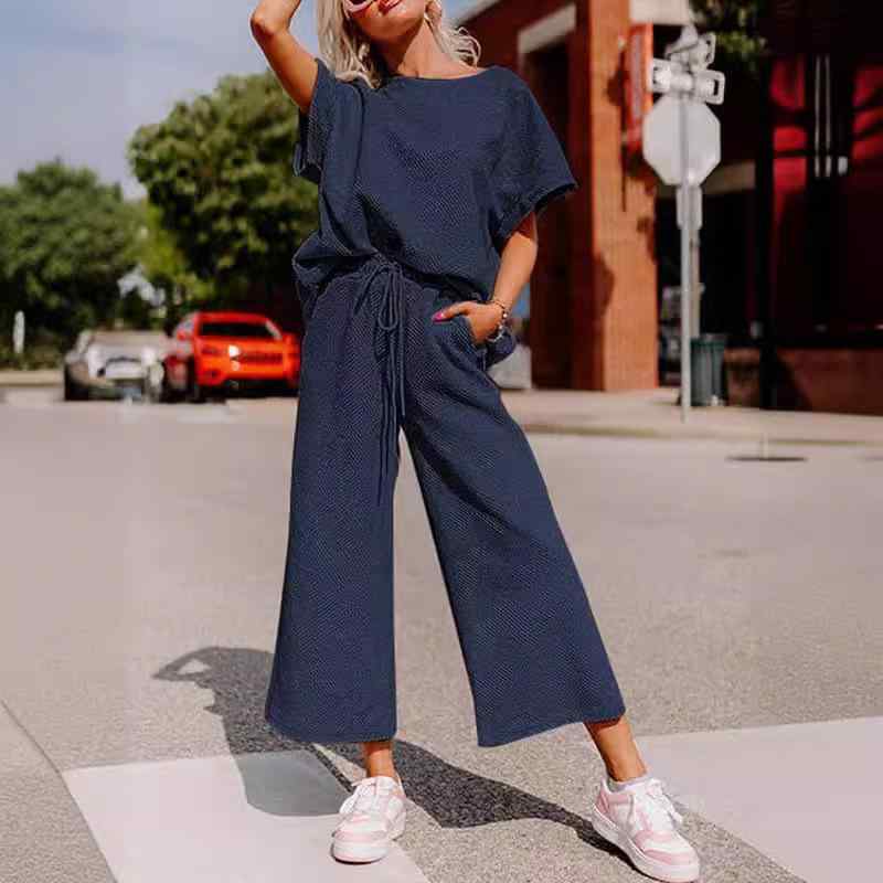 レディース セットアップ トップス ロングパンツ ワイドシルエット シンプル 無地 ドローストリング 切り替えデザイン ポリエステル 接触冷感 吸湿速乾 軽量 通勤 普段使い 気質 快適 リラックス 春夏 夏 ブラック ネイビー ホワイト グレー カーキ