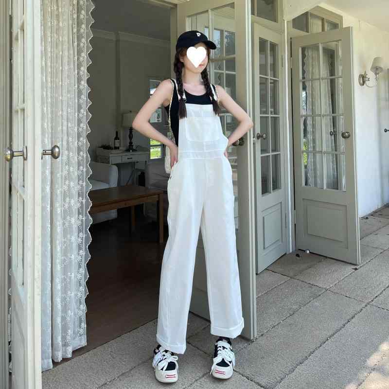 レディース 夏 セットアップ 白色 工装風 背広パンツ 背帯パンツ 直筒 ツーピース 無袖 トップス キャミソール ポケット デザイン 切り替え アクセント 気質 通勤 通勤スタイル 日常使い アクティブ 伸縮性 素材 腈纶 混紡 ポリエステル 軽量 快