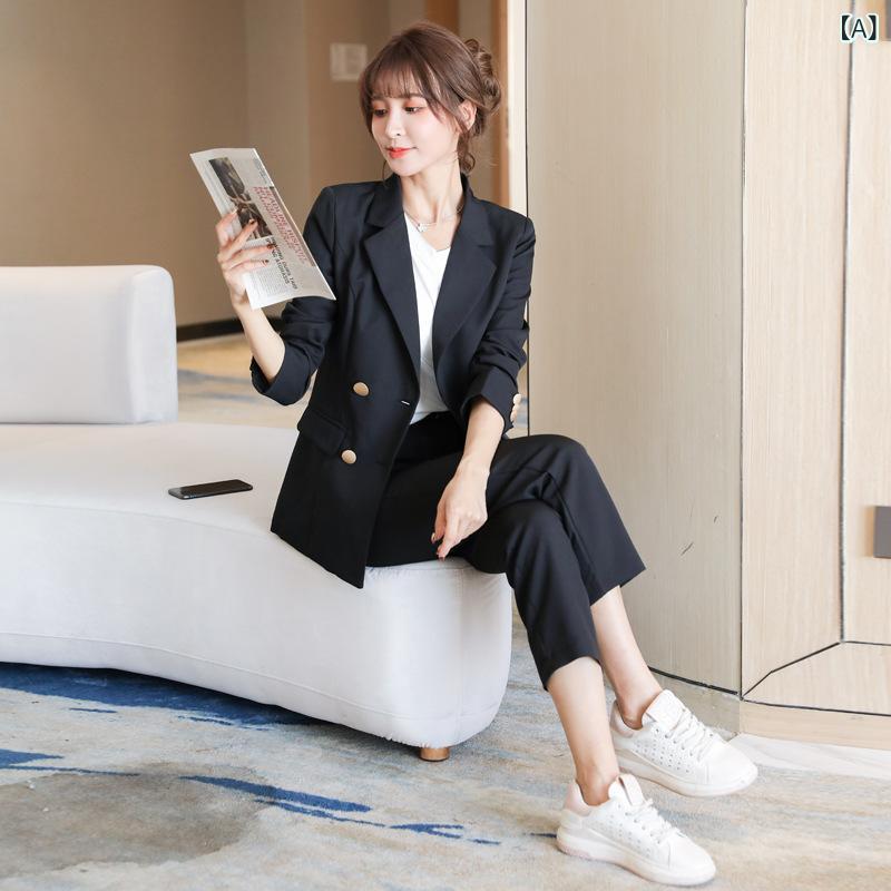フォークBRのレディース スーツ セット 長袖 ブラウス ロングパンツ 袖口フレア デザイン 修身 フィット ブラック 浅ブルー ピンク ベージュ グレー ポリエステル 素材 花柄 プリント 気質 通勤 スタイル 優雅 秋冬 ビジネス カジュアル セットアップ 軽量｜アングル2