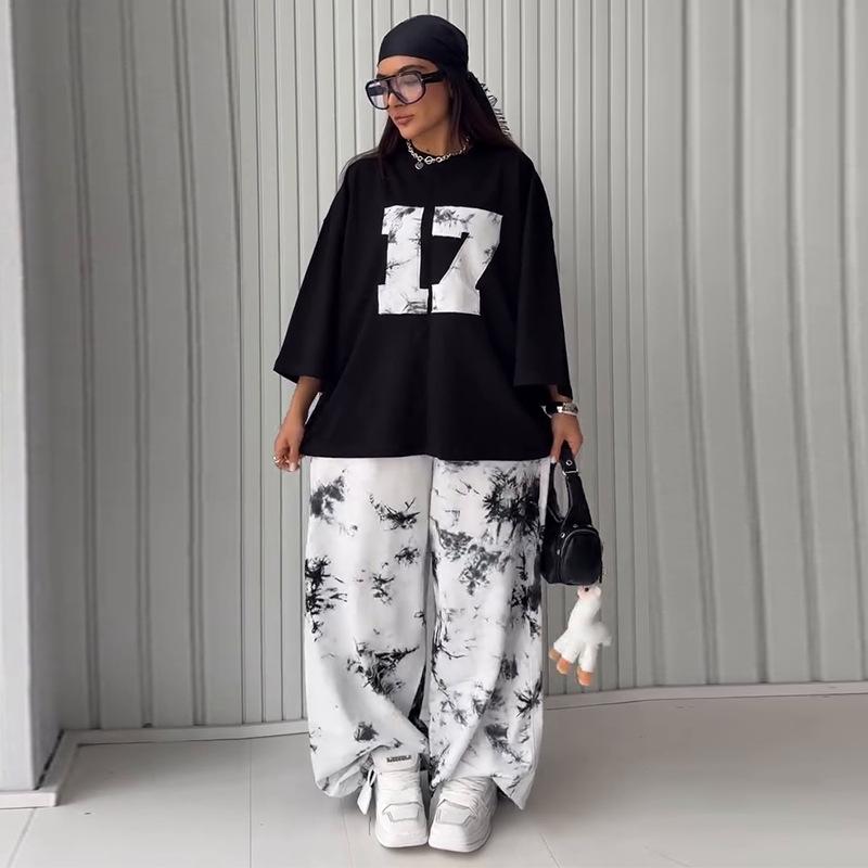 レディース トップス ロングパンツ セット 夏 秋 涤纶 ポリエステル 95% 以上 ブラック レッド ピンク グリーン ゆったり ビッグシルエット 七分袖 長丈 カジュアル 普段使い 通勤 軽量 吸湿速乾 伸縮性 快適 気質 欧米風 日韓 スタイル ゆ