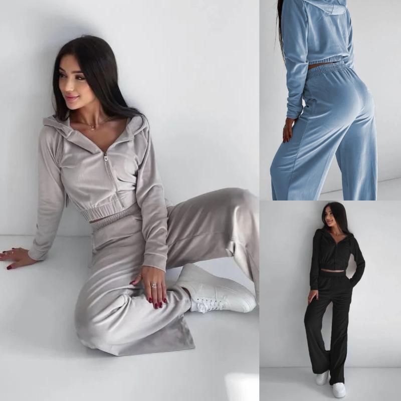 秋冬 レディース 連帽 フーディ ロングパンツ セット トップス ボトムス 切り替え デザイン 長袖 ジップ スタイル 吸湿速乾 伸縮性 長ズボン グレー ブルー ブラック ピンク ストリート カジュアル 普段使い 部屋着 アウトドア 再生繊維 70パー