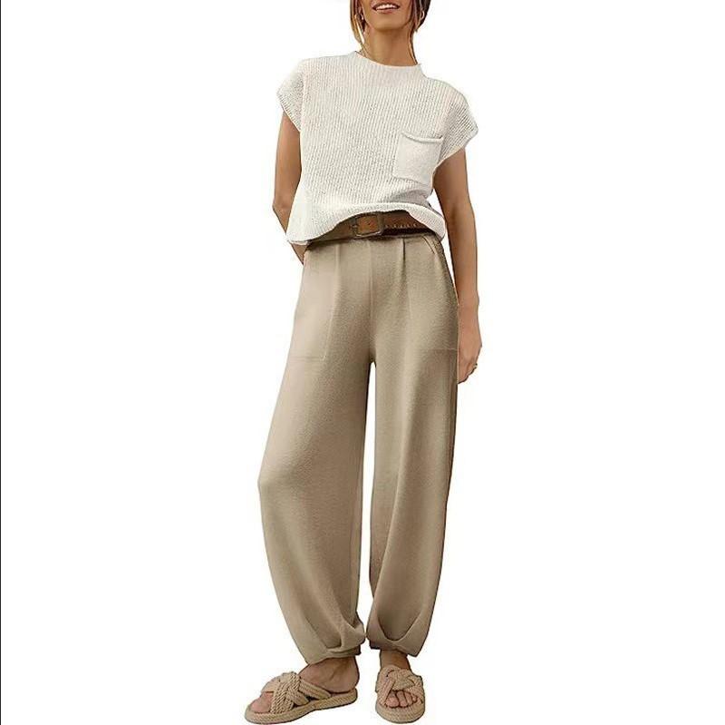 レディース トップス ロングパンツ セット 純色 ポケット デザイン 束脚 切り替え 加工 接触冷感 ポリエステル 素材 通勤 通年 気質 スタイル 快適 軽量 吸湿速乾 ハイウエスト ベーシック カジュアル ブラウス シャツ インナー レイヤード トッ