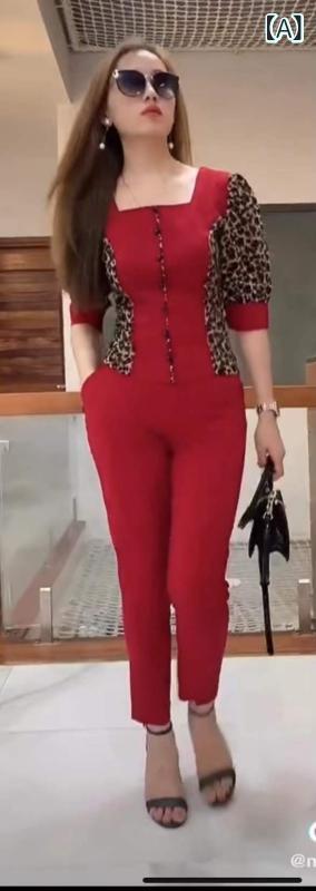 フォークBRのレディース セットアップ ヒョウ柄 トップス ロングパンツ 切り替えデザイン 口袋付き 印花プリント ポリエステル素材 赤 緑 紫 ピンク カラー展開 気質 通勤 快適 日常使い 伸縮性 軽量 春夏 秋冬 通年｜アングル2