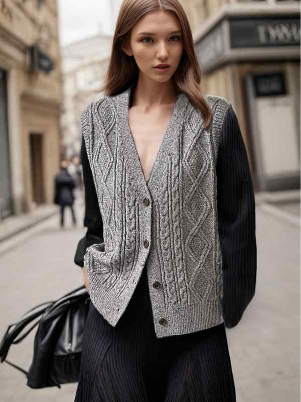 秋冬 ニット ベスト 女性用 無袖 開衫 毛混紡 羊毛 ストレッチ Vネック ボタン 切り替え 格紋柄 グレー ホワイト ルーズフィット レイ..