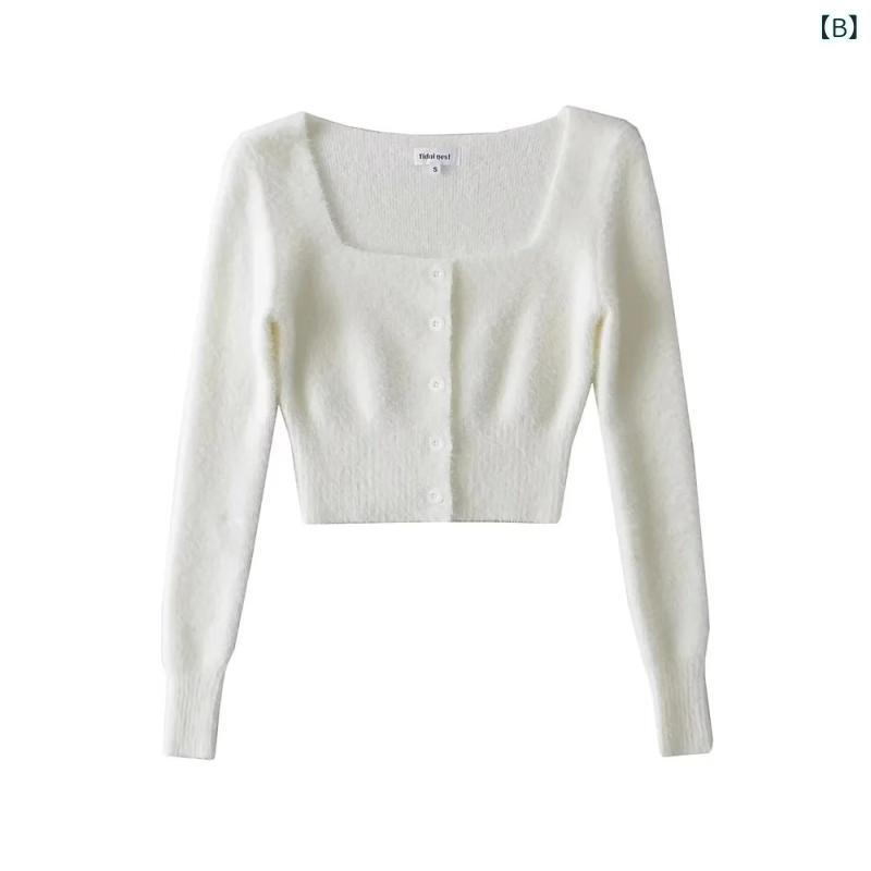 ニットセーター 女性用 秋冬 修身 ショート丈 長袖 方領 シングルブレスト ボタン 切り替え コットン 粘液繊維 接触冷感 暖かみ 街頭スタイル セクシー トレンド ブラウン ホワイト ブラック ブルー 吸湿速乾 軽量 普段使い 通勤