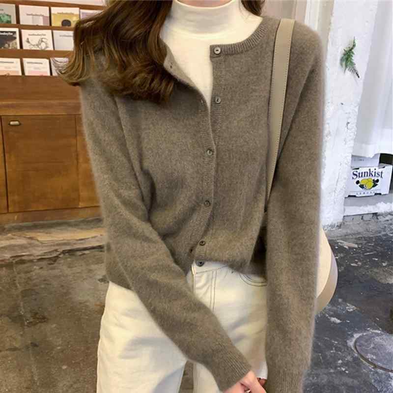 カーディガン 女性用 秋 長袖 ニット 羊毛 95%以上 ルーズ 丸首 ボタン ミドルゲージ ミルクティー キャメル イエロー チェリーレッド ..