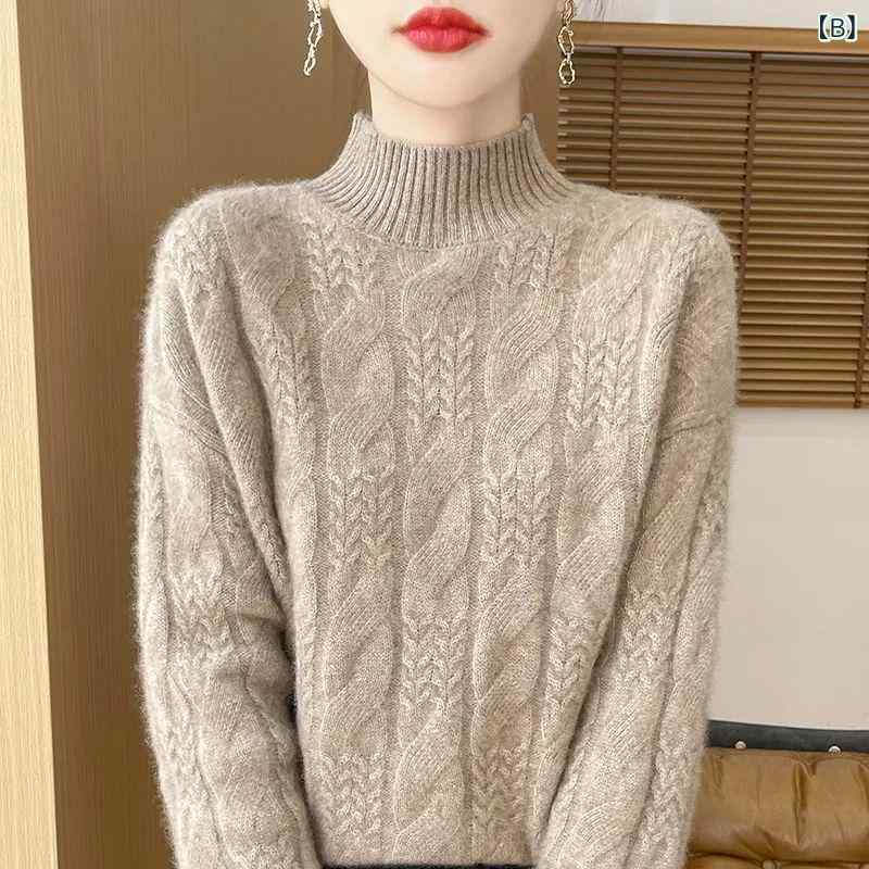 秋冬 レディース ニットセーター 半高領 麻の花編み トップス 毛衣 プルオーバー ゆったりシルエット 長袖 3D 立体パターン 中厚 接触冷感 綿羊毛 風 気質 通勤 普段使い 米白 キャメル ブラウン グレー ベージュ系 カラー ワイドフィット 伸縮