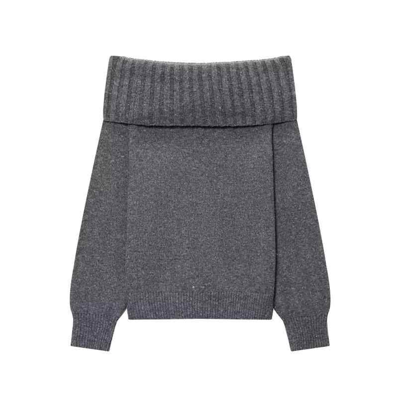 ニット トップス 女性用 秋冬 長袖 ルーズフィット 肩出し ボートネック セクシー 接触冷感 ポリエステル スパンデックス グレー 米白 ..