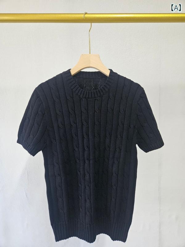 ニット トップス 女性用 綿素材 丸首 半袖 刺繍デザイン キャンディカラー 通勤スタイル 気質 ブラック ネイビー ホワイト ピンク ブル..