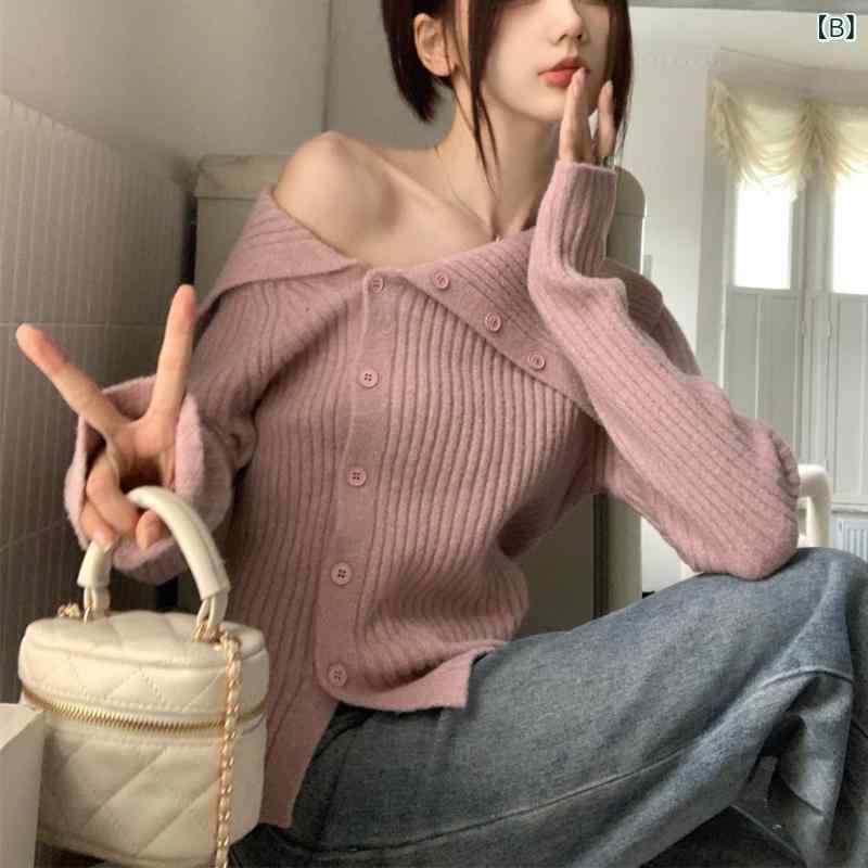 ニットトップス 女性用 秋冬 開襟 長袖 修身 短丈 ポリエステル 接触冷感 免烫 ボタン 純色 かわいい スパイシー スタイル 白色 ピンク ブルー ブラウン ベージュ ブラック 赤 通勤 普段使い 軽量 伸縮性
